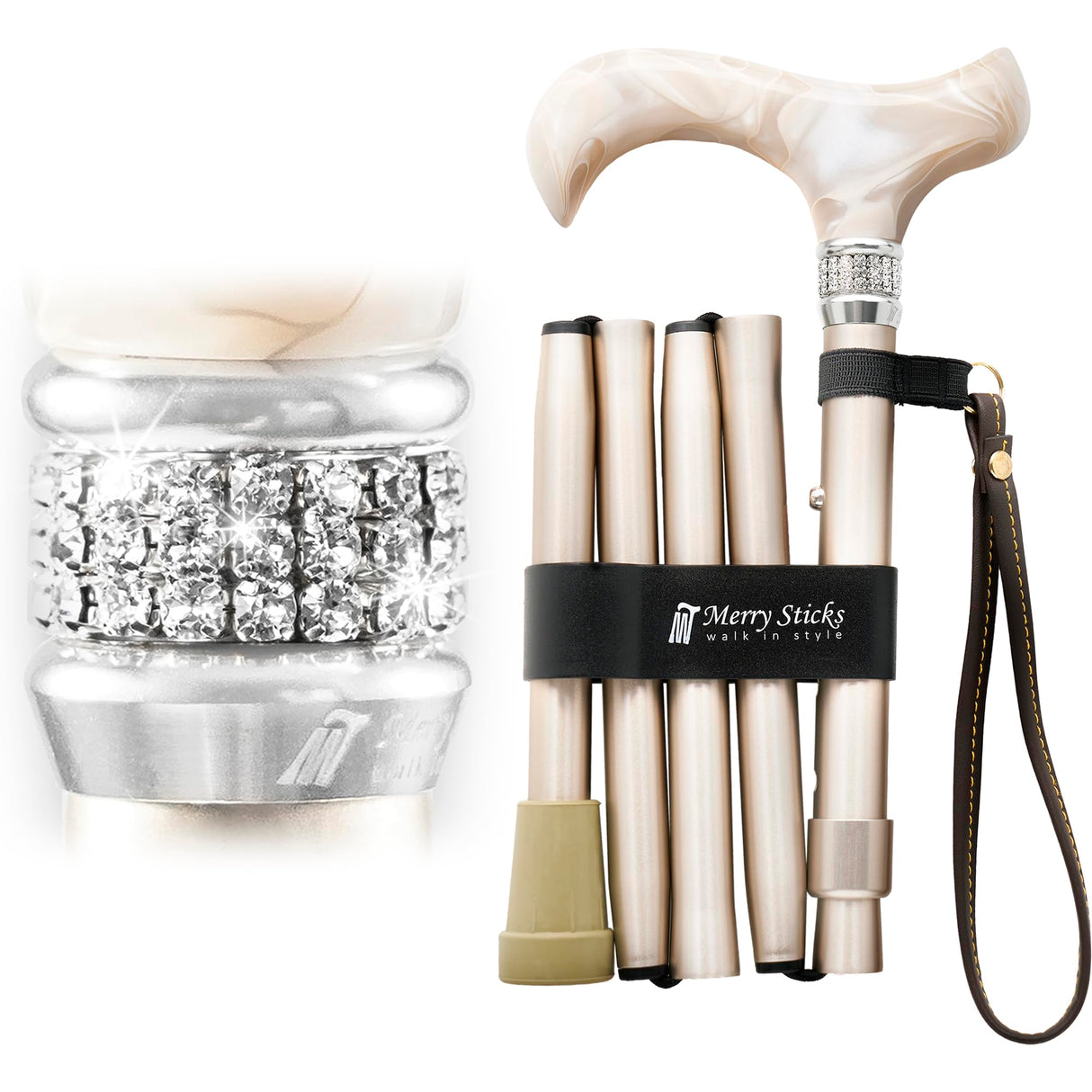 Merry Sticks Designer Foldable Walking Canes with Finest European Crystals, Folding Canes for Women and Men, Adjustable & Collapsible Canes for Seniors, Stylish Rhinestone Gift - Royal Champagne Gold