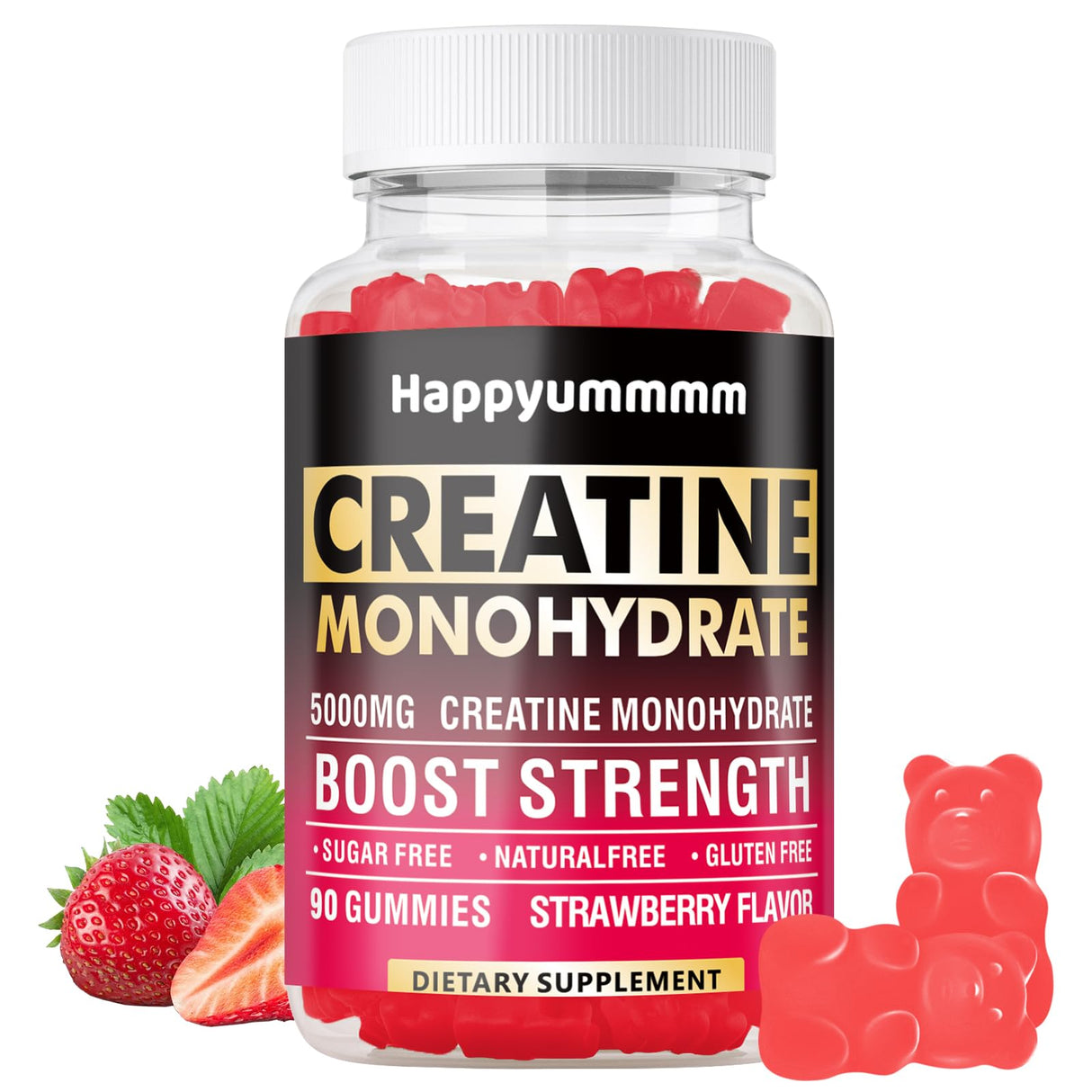 Happyummmm Creatine Monohydrate Gummies 5000mg for Men & Women, Chewables Creatine Monohydrate for Muscle Strength, Muscle Builder, Energy Boost, Pre-Workout Supplement(90 Count)-Strawberry.