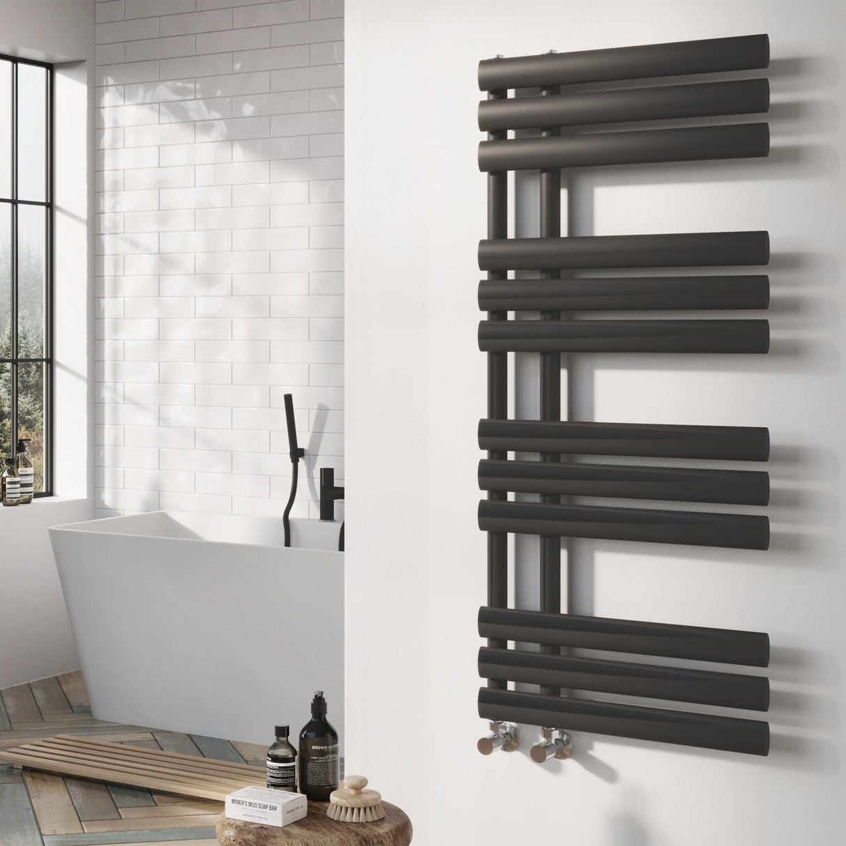 Go Bathrooms Black Towel Radiator 1130 x 500 Heated Towel Rail Vertical Designer Bathroom Radiator Heated Ladder Rail Central Heating