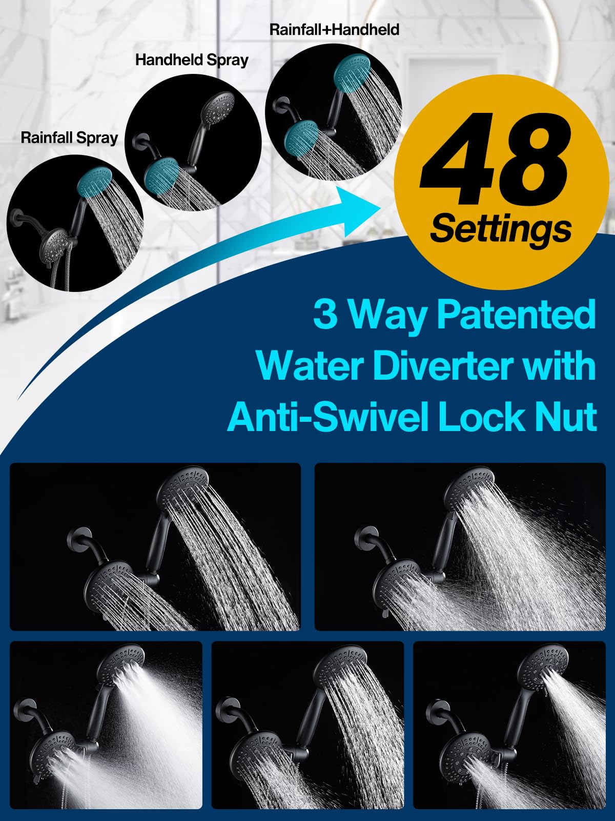 Cobbe 48-Setting 3-Way High Pressure Shower Head Combo with Handheld & Rain Shower - Black