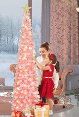 HMASYO 5 FT Pop Up Christmas Tree with Timer Lights, Pink Christmas Tinsel Tree, Collapsible Artificial Pencil Christmas Tree for Indoor Home Apartment Porch Holiday Party Decorations