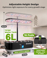 Growell 16 Pods Hydroponics Growing System Kit with 3 Light Modes & 2 Timer