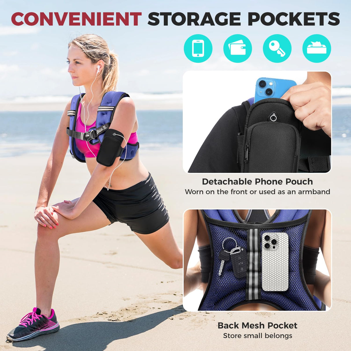 BAGAIL Weighted Vest, 5lbs/10lbs/12lbs/15lbs/20lbs/25lbs/30lbs Weight Vest with Detachable Phone Pouch, Rucking Vest for Women, Men, Walking, Weight Loss, Training, Running