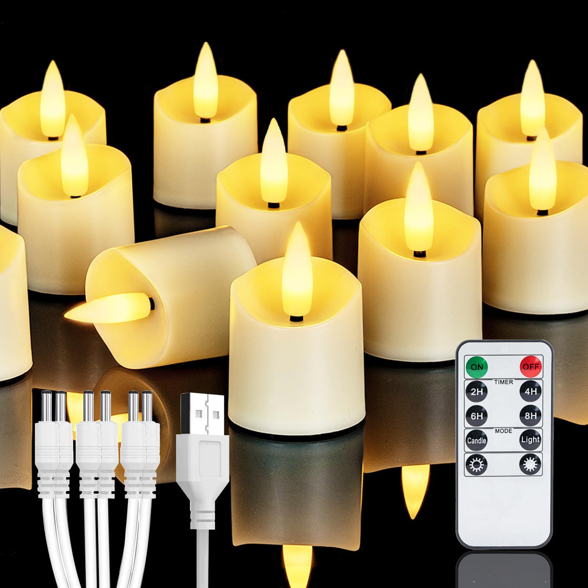 Homemory Rechargeable Flameless Candles, 2/4/6/8H Timer LED Votive Candles, 12 PCS Battery Operated Tea Lights with Timer for Table, Wedding, Christmas (USB Charging Cable Included)