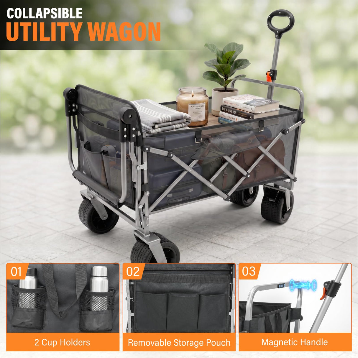 Collapsible Push & Pull Wagon with Drop Down Tailgate, 360lbs Heavy Duty Folding Shopping Cart with Big Wheels & Brakes for Sports, Groceries, Camping