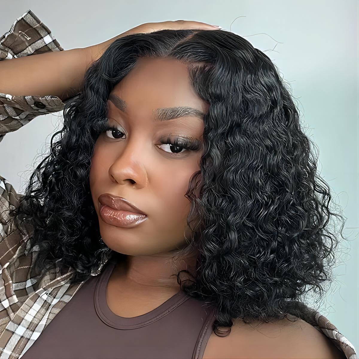 ISEE Wear and Go Glueless Wigs Bob Wigs Pre Plucked Water Wave Lace Front Wigs Upgraded No Glue Transparent Lace Closure Wigs for Black Women Natural Black 16 Inch