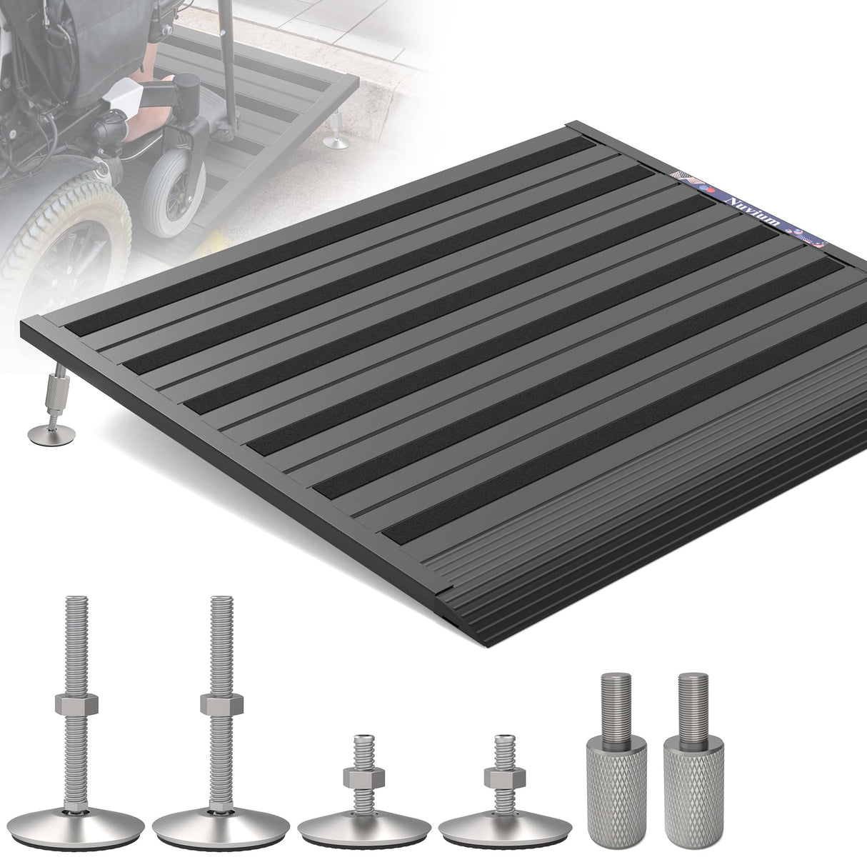 Nuvium Threshold Ramp for Doorways, Adjustable Height 2.6"-7.3" Aluminum Wheelchair Ramp with Heightening Screws and Swivel Angle Leg, 1100lbs Load Capacity, 30"Wide Curb Ramp for Trolley,Power Chairs
