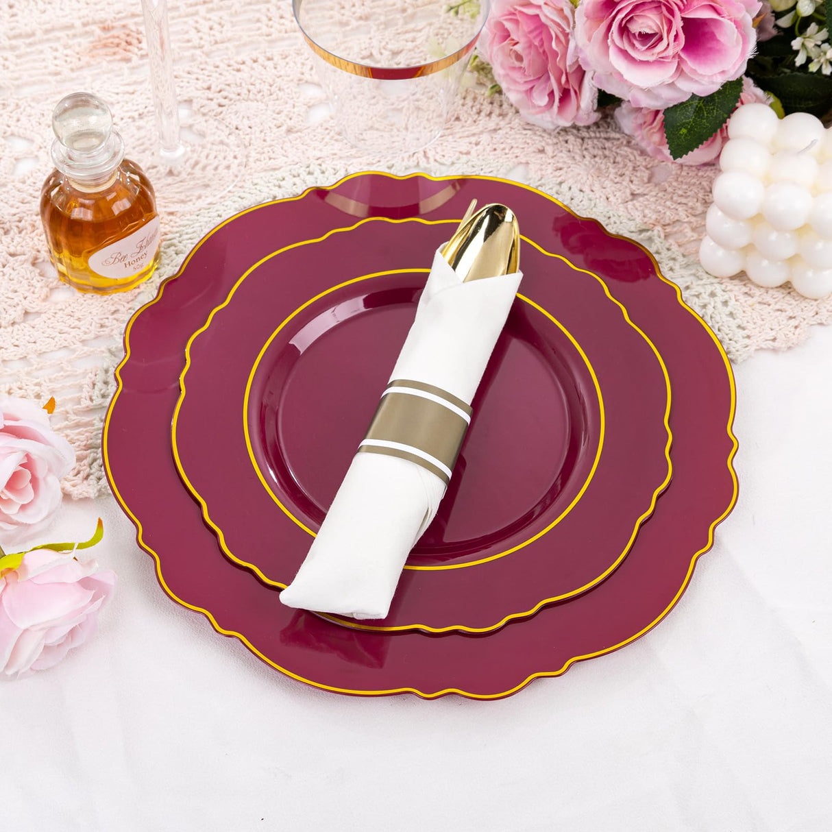 Liacere 350PCS Red Plastic Plates-Disposable Burgundy Red and Gold Plates 50guest Baroque Plastic Dinnerware include 100Plates, 50Pack Pre Rolled Napkins with Silverware 50Cups for Christmas