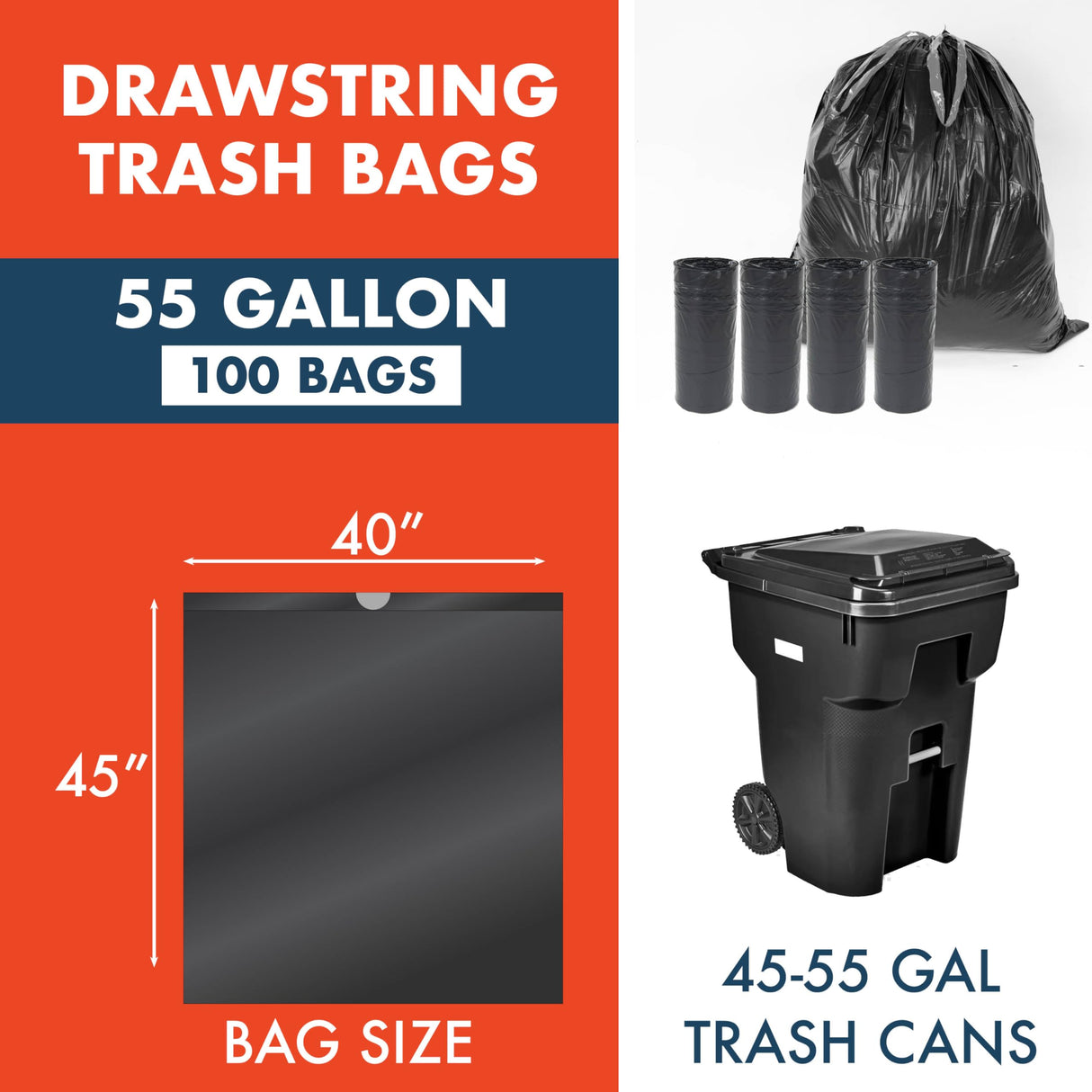 Made Here 55 Gallon Heavy Duty Commercial Trash Bags with Drawstring – Black Waste Can Liners for Office, Janitorial, and Facility Use, Leak-Resistant, 100 Count