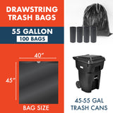 Made Here 55 Gallon Heavy Duty Commercial Trash Bags with Drawstring – Black Waste Can Liners for Office, Janitorial, and Facility Use, Leak-Resistant, 100 Count