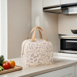 Arae Insulated Lunch Bag, 9 x 5.5 x 8 inches, Leopard Print, Waterproof Cooler Tote with Front Pocket (Beige)