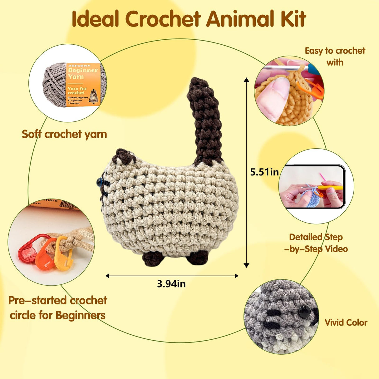 Crochet Kit for Beginners, Crochet Cat Beginner Crochet Kit for Adults, Amigurumi Crochet Animals Cat Crafts Crochet Kits, Easy Knitting Kit Christmas Gifts