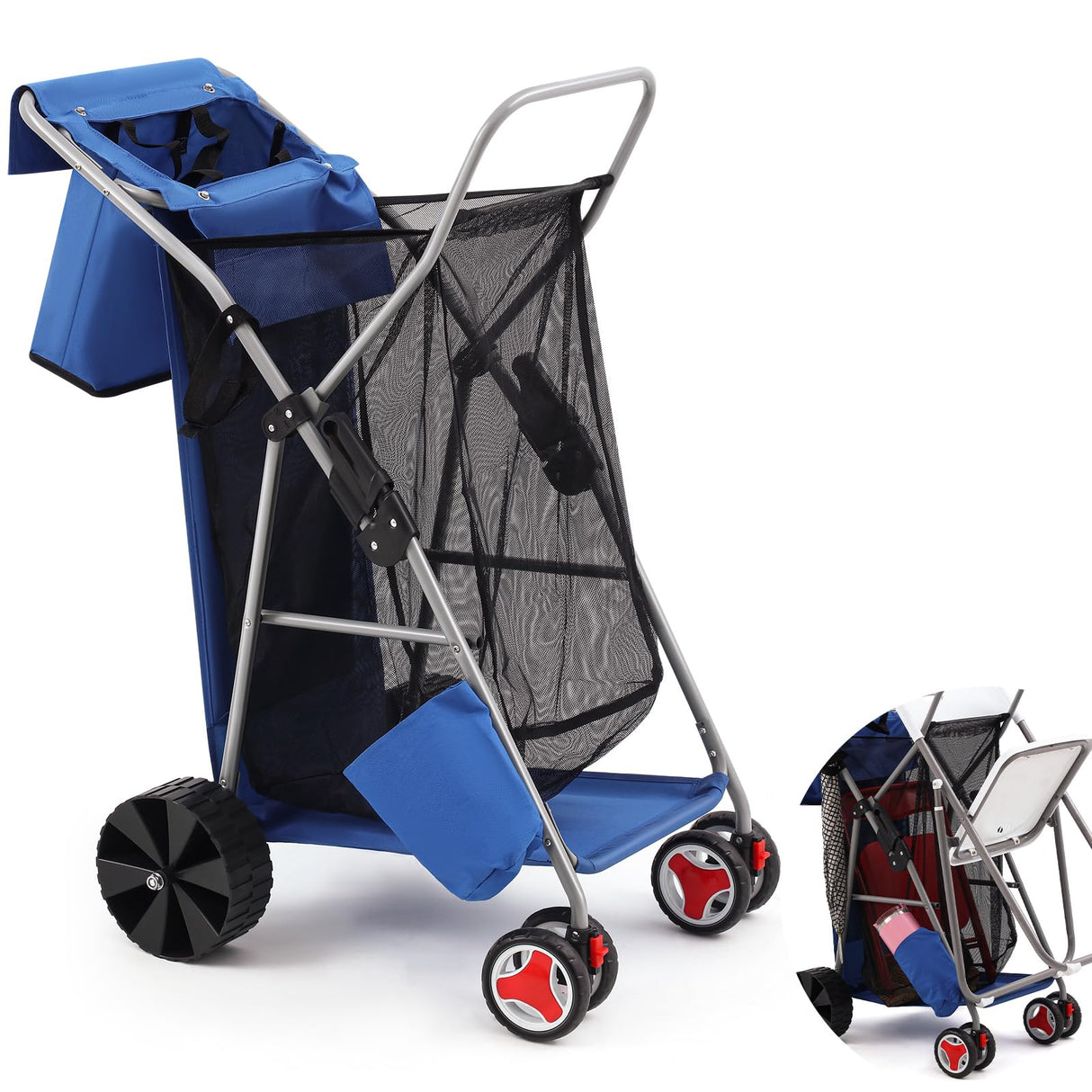 DoubleFill Beach Cart with Big Wheels for Sand, Foldable Beach Wagon Buggy with Surfboard Holder, Removable Tote and Aluminum Frame, Wide Wheel for Chairs, Cooler, Camping, Picnic Outdoor(Blue)