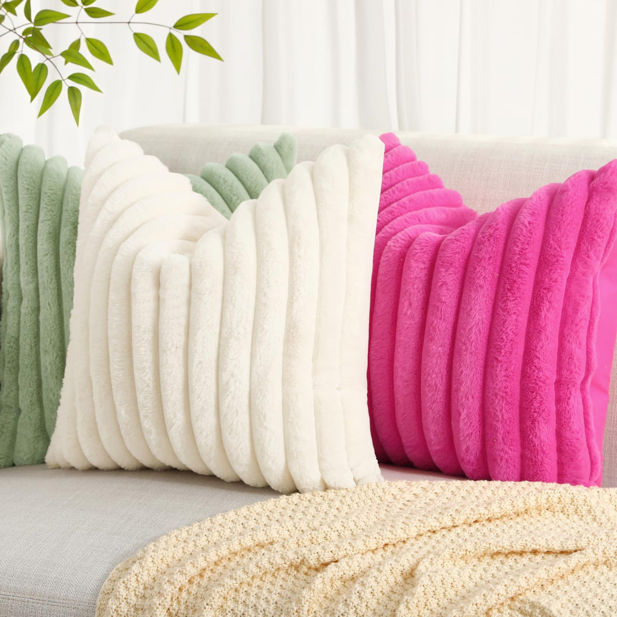 decorUhome Faux Fur Christmas Throw Pillow Covers 22x22 Set of 2, Decorative Soft Plush Striped Neutral Couch Euro Pillow Covers with Velvet Back for Sofa, Bed, Living Room Home Decor, Cream White