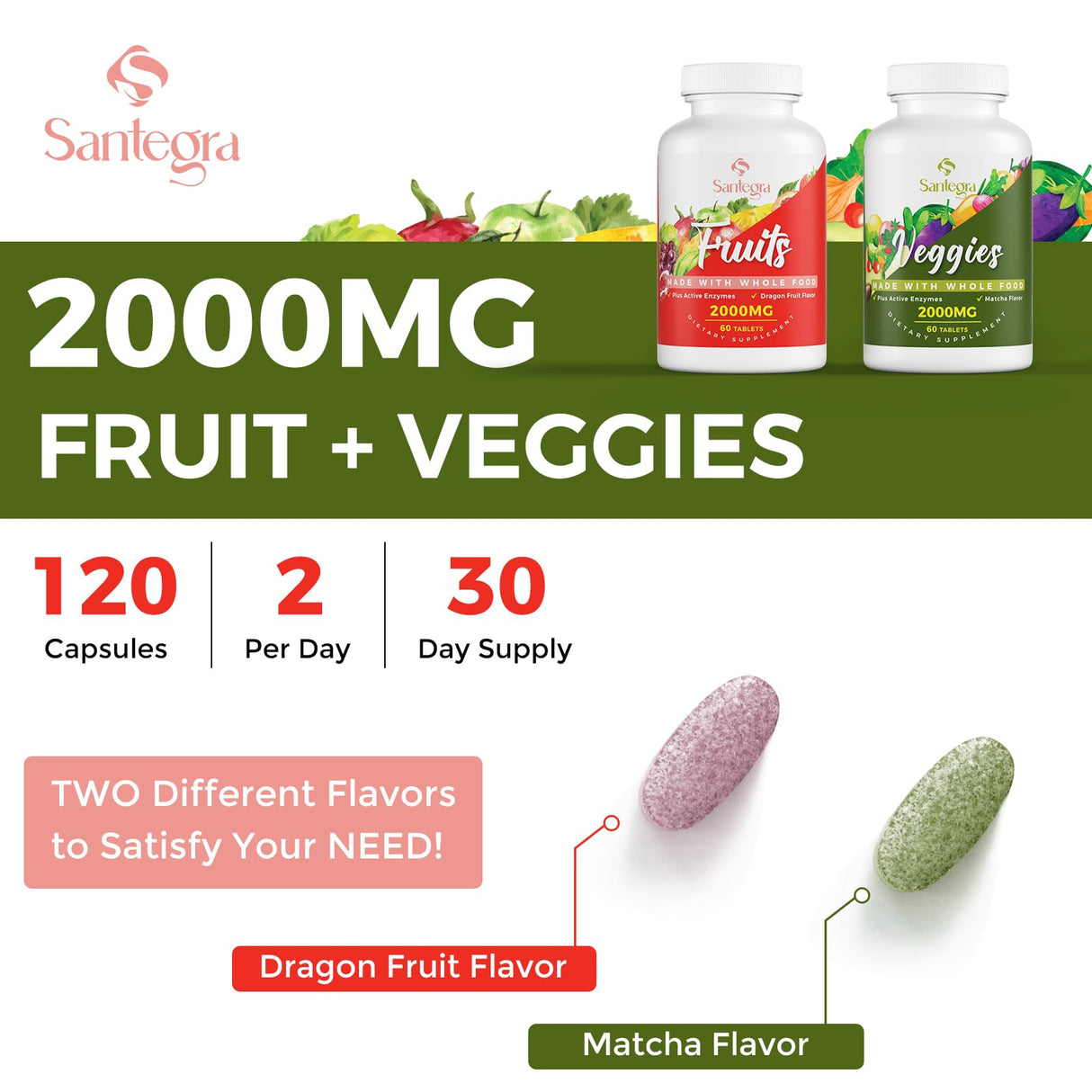 2000 MG Fruits and Vegetables Supplements, Natural Balance Over 35+ Fruits and Vegetables, 100% Whole Food Superfoods Fruit and Veggies Supplement, Energy Balance, Sugar-Free, Vegan, 120 Tablets
