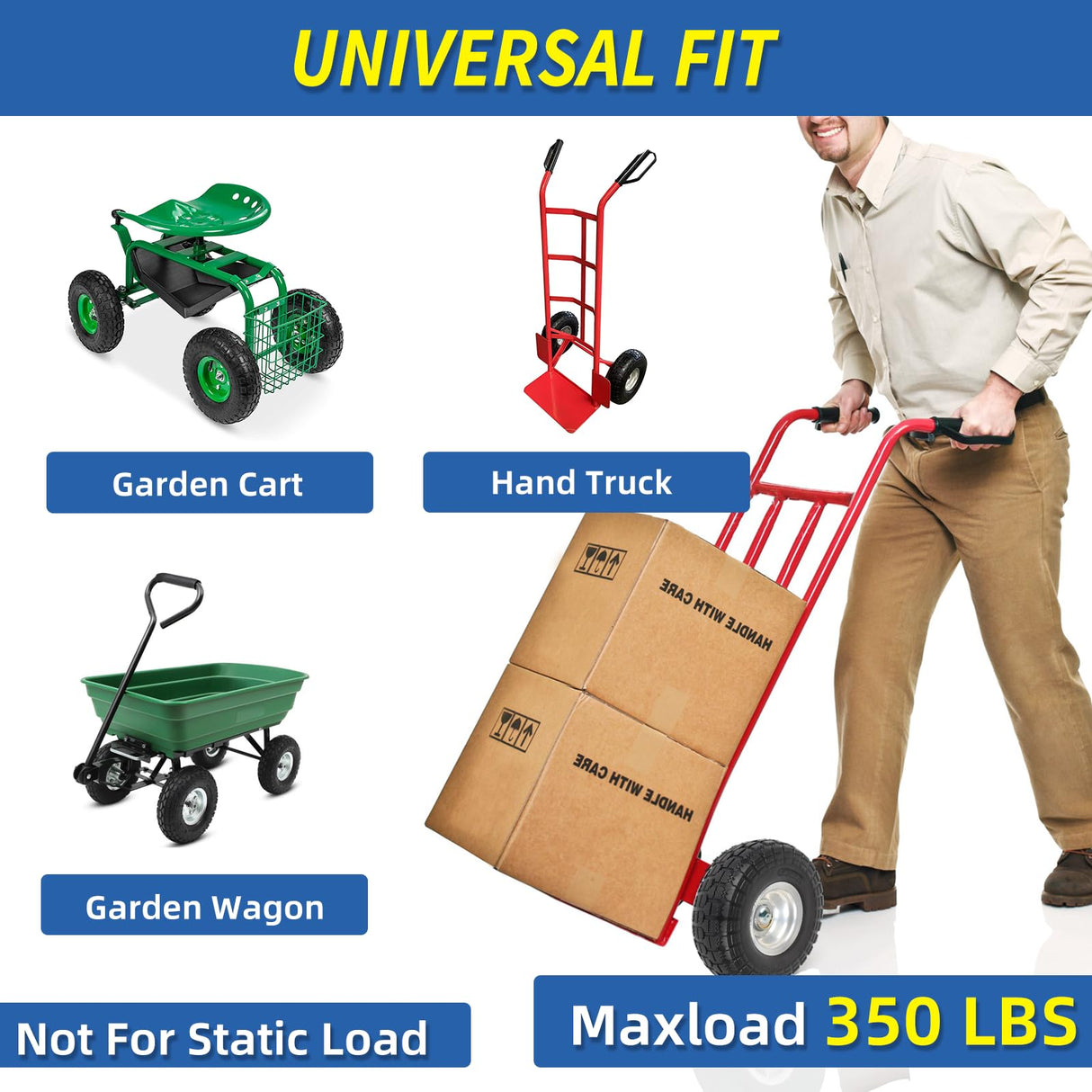 GICOOL 4.10/3.50-4" Flat Free Tire and Wheel, 10" Heavy Duty Solid Tire, 5/8" Axle Bore Hole, 2.2" Offset Hub, for Hand Truck Garden Cart Wagon Trolley Dolly Replacement, 2 Pack