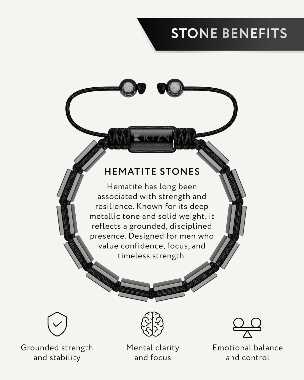 RTZN® Hematite Bracelet for Men – Premium Artisan Handcrafted Authentic Hematite Stone Bracelet – Adjustable 8mm Mens Hematite Bracelet for Strength, Confidence & Focus (Havana)