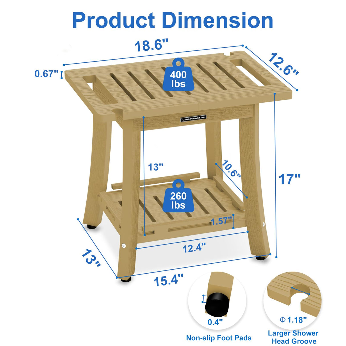 KingPavonini HDPS Shower Benches for Inside Shower to Sit on, Waterproof Shower Stool for Shaving Legs, Heavy Duty 400LBS Shower Seat with Storage Shelf, Shower Chair for Bathroom/Indoor/Outdoor Use