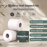 Betterway Bamboo Toilet Paper 3 Ply - Sustainable Toilet Tissue - 36 Long-Lasting Organic Rolls & 360 Sheets Per Roll - Septic Safe - Plastic & PFAS Free - FSC Certified