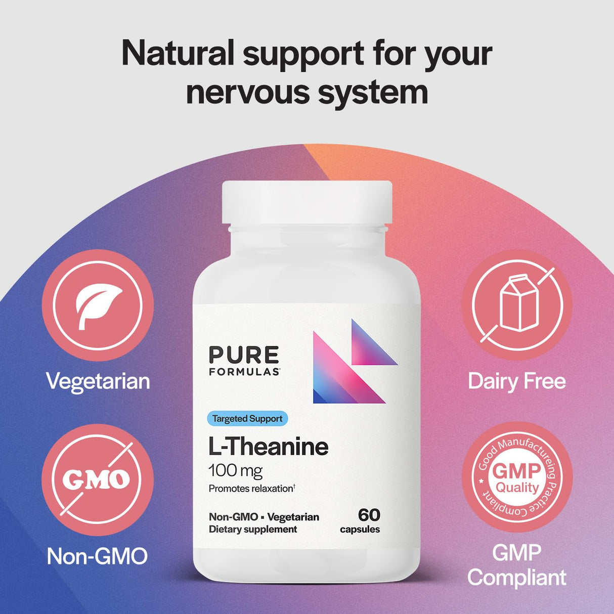 PureFormulas L Theanine Supplement 100 mg, L-Theanine Supports Stress Levels, Relaxed State, Mood, Sleep, Dairy Free, Soy Free, Non-GMO 60 Vegetarian Capsules