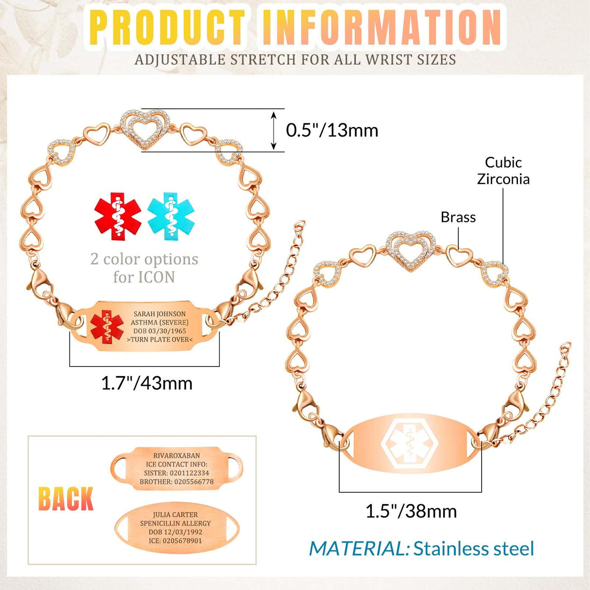 MOTICIUS Personalized Medical Alert Bracelets for Women Custom Medical Bracelets Personalized Medic ID Bracelet Stainless Steel Engraved Emergency Bracelet ID Wristband (Style 1)