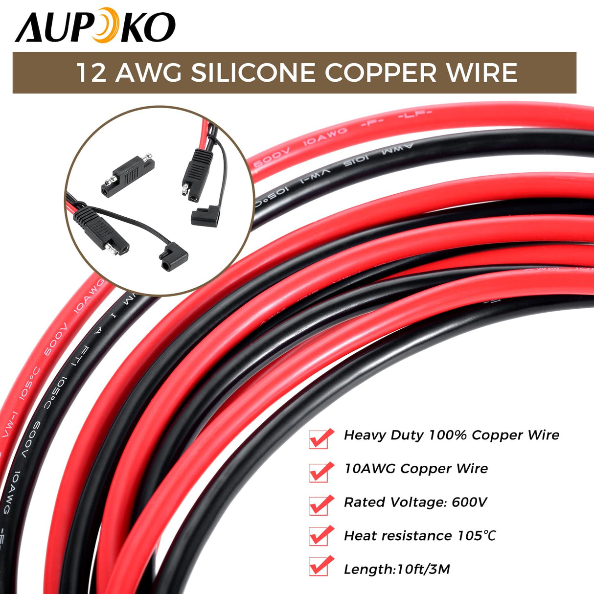 Aupoko 10 AGW 10FT SAE to SAE Solar Extension Cable, Extension Cord with SAE Quick Disconnect/Connect Adapter and SAE Polarity Reverse Adapter for Battery, Motorcycle, Cars, RVs(10 FEET/3M)