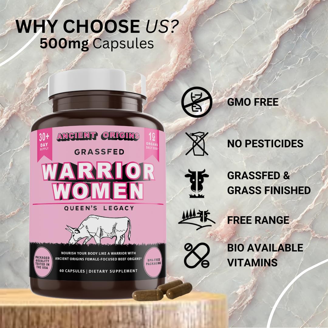 Warrior Women's Beef Organ Superfood Supplement (Beef Heart, Liver, Colostrom & 4 More) - 100% Grass Fed & Grass Finished - Balance Hormones, Energy, & More for Women (60 capsules, 500 mg each)
