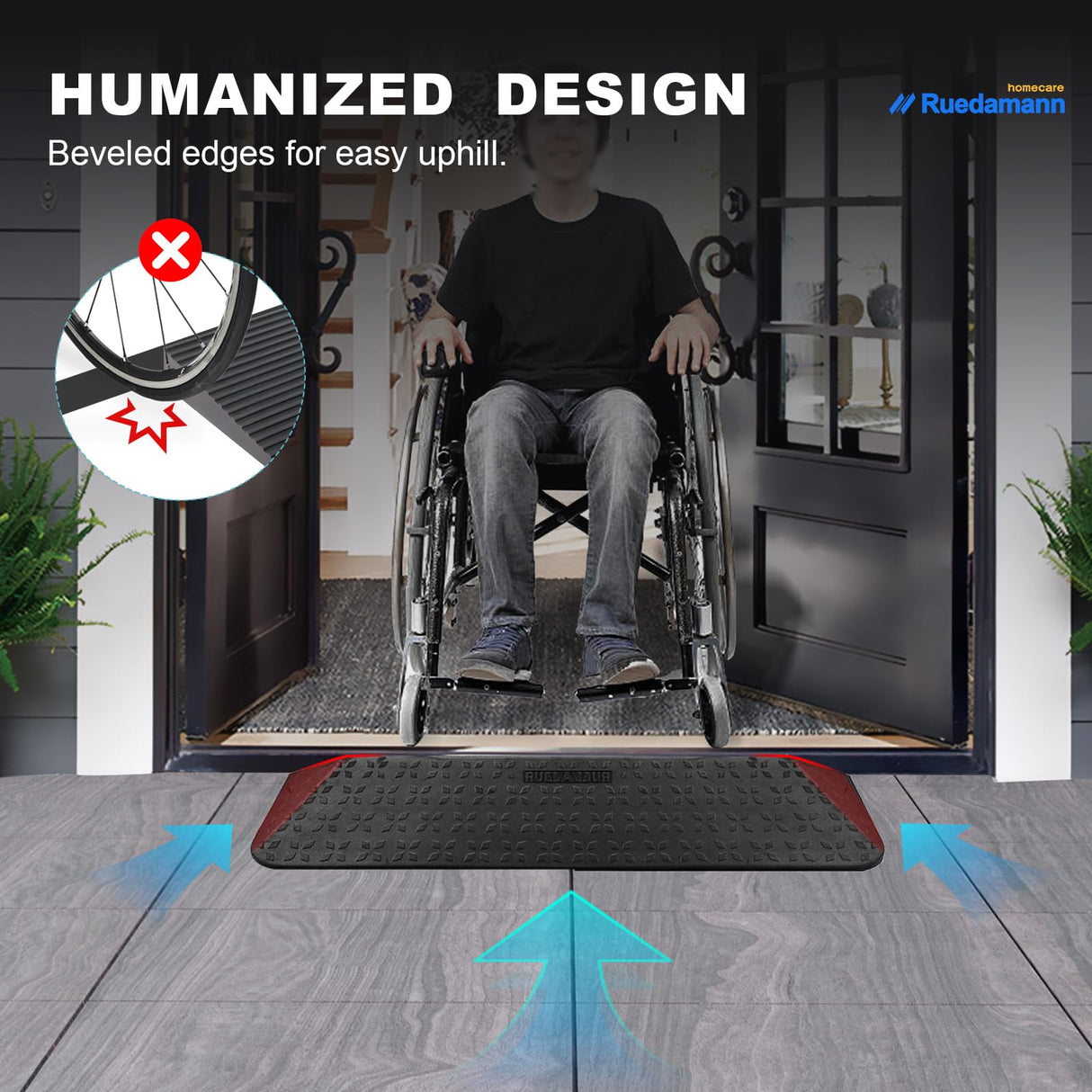 Ruedamann 2" Rise Rubber Threshold Ramp, 42.9" Wide Wheelchair Ramp, 2200 Lbs Capacity, Entry Ramp, Curb Ramp with Non-Slip Surface, for Wheelchairs, Scooter, Power Chairs, Driveways