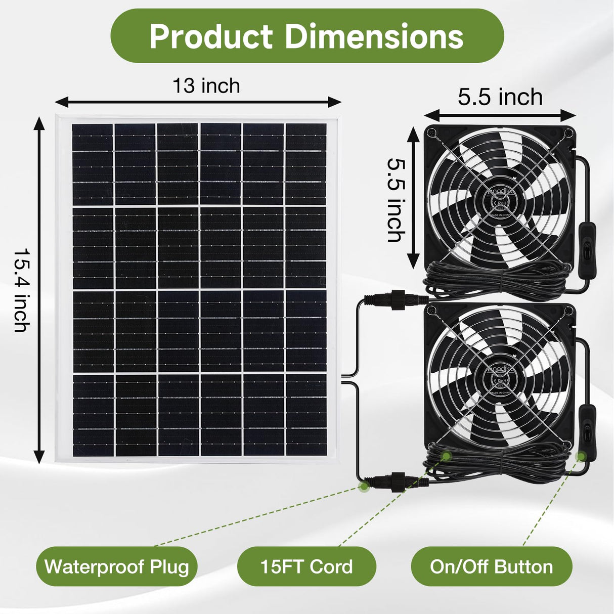 Roodike 5.5" Waterproofed Solar Powered 2 Fan Kits for Outdoor Chicken Coop, Greenhouse, Shed, Pet House Intake or Exhaust Air Circulation