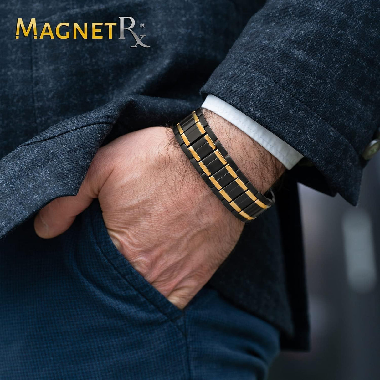 MagnetRX® 3X Strength Titanium Magnetic Bracelet – Magnetic Bracelets for Men – Premium Fold-Over Clasp and Adjustable Length with Sizing Tool (Black/Gold)