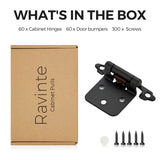 Ravinte 60 Pack (30 Pairs) 1/2" Overlay (Variable) Cabinet Hinges, Self-Closing Semi-Concealed Face Mount, Matte Black Decorative Hardware with Door Bumpers for Kitchen & Cupboard Doors