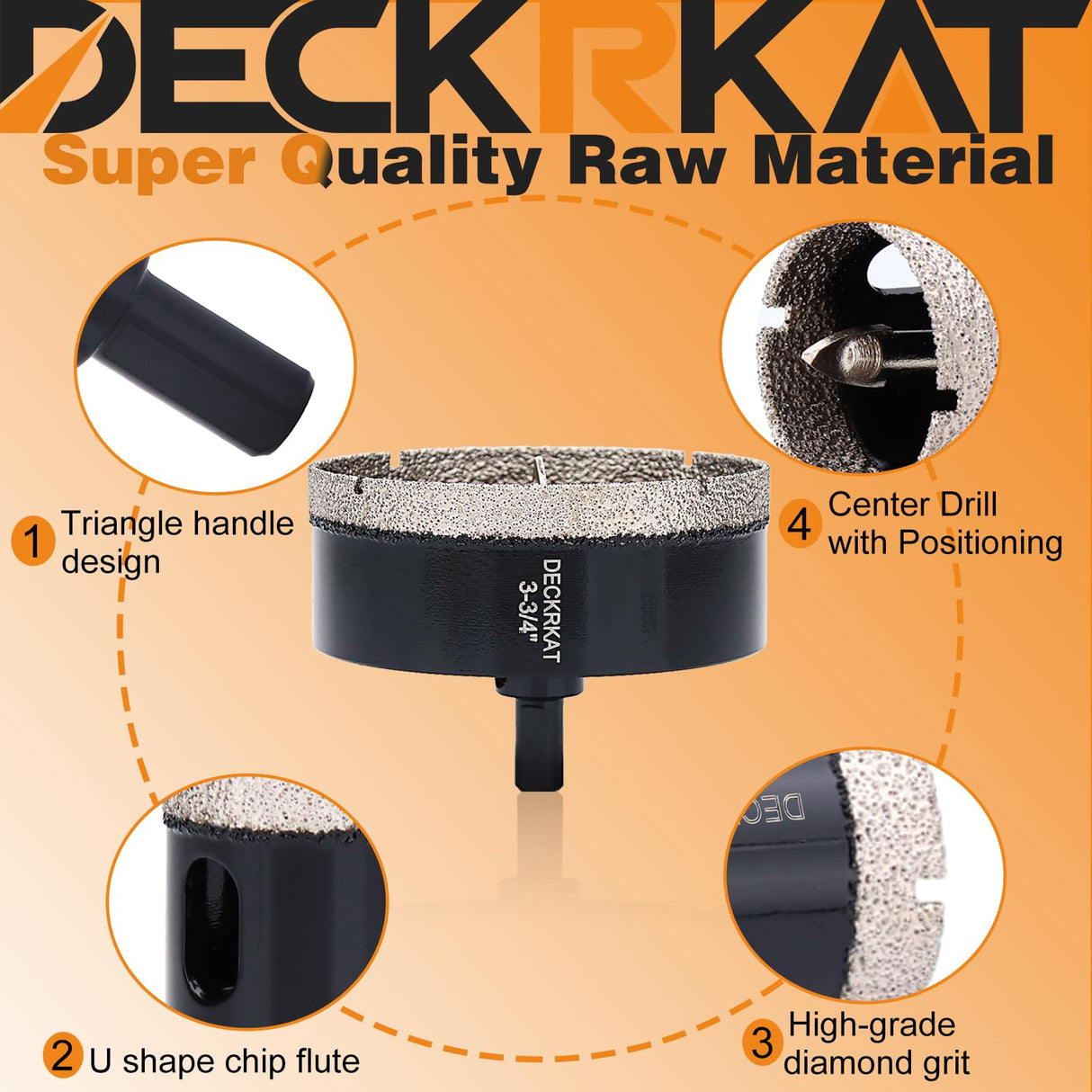 DECKRKAT 3-3/4"Diamond Hole-Saw Bits with Pilot Drill Bit - 3-3/4"Diamond Tipped Tile Hole Saws with Guiding Bit Accurate Drilling for Porcelain Tile Ceramic Pottery Granite Stone Glass Bottles 95mm