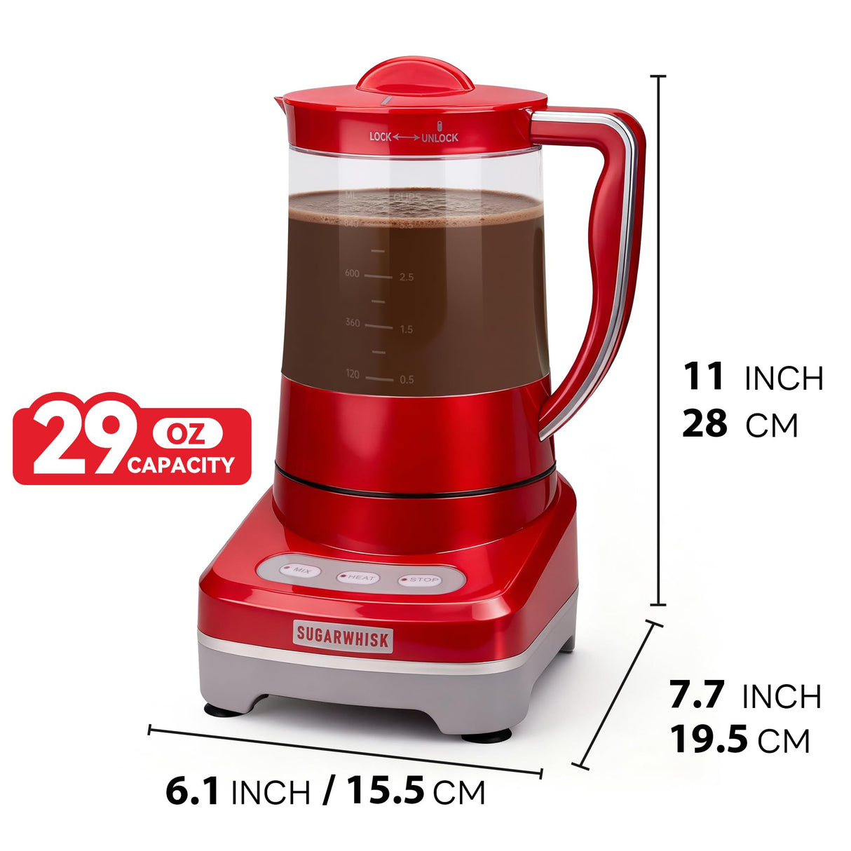 SugarWhisk 29 Oz Hot Chocolate Maker Machine, Electric Milk Frother and Steamer, Hot Cocoa Maker Machine for Hot Chocolate Bar, Detachable Pitcher, 2 Speed Mode, 3.5 Cups, Red