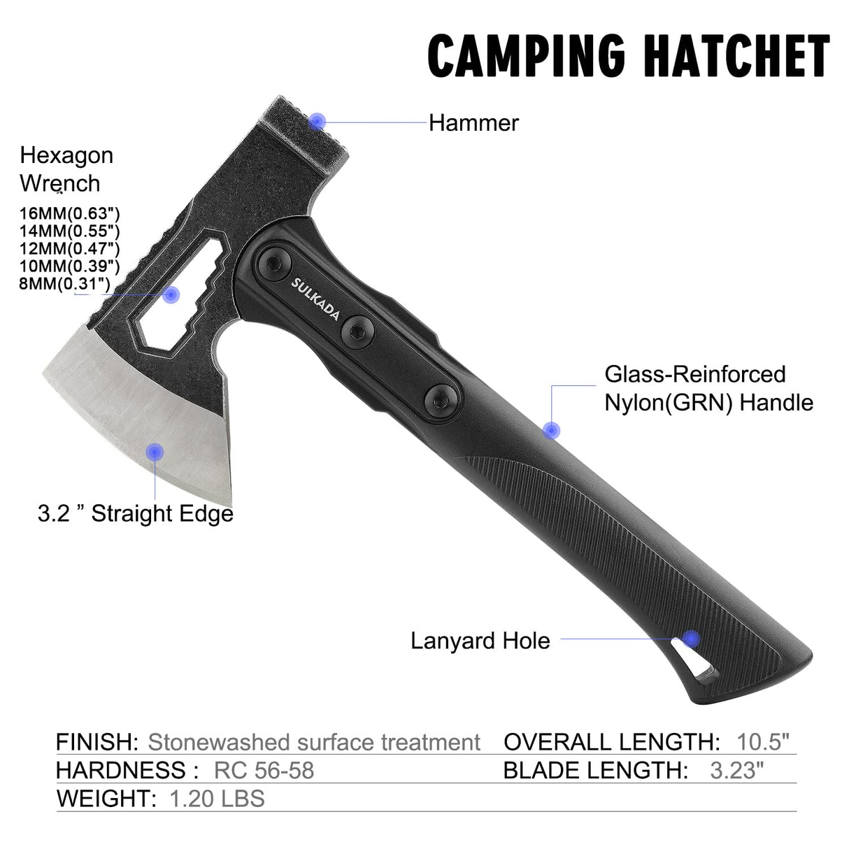 SULKADA Camping Hatchet, 10.5 Inch Survival Axe,Stainless-Steel Blade,Fiberglass Shock Reduction Handle with Anti-Slip Grip, for Chopping Wood,Gardening and Outdoor Survival,Gift for Dad Men