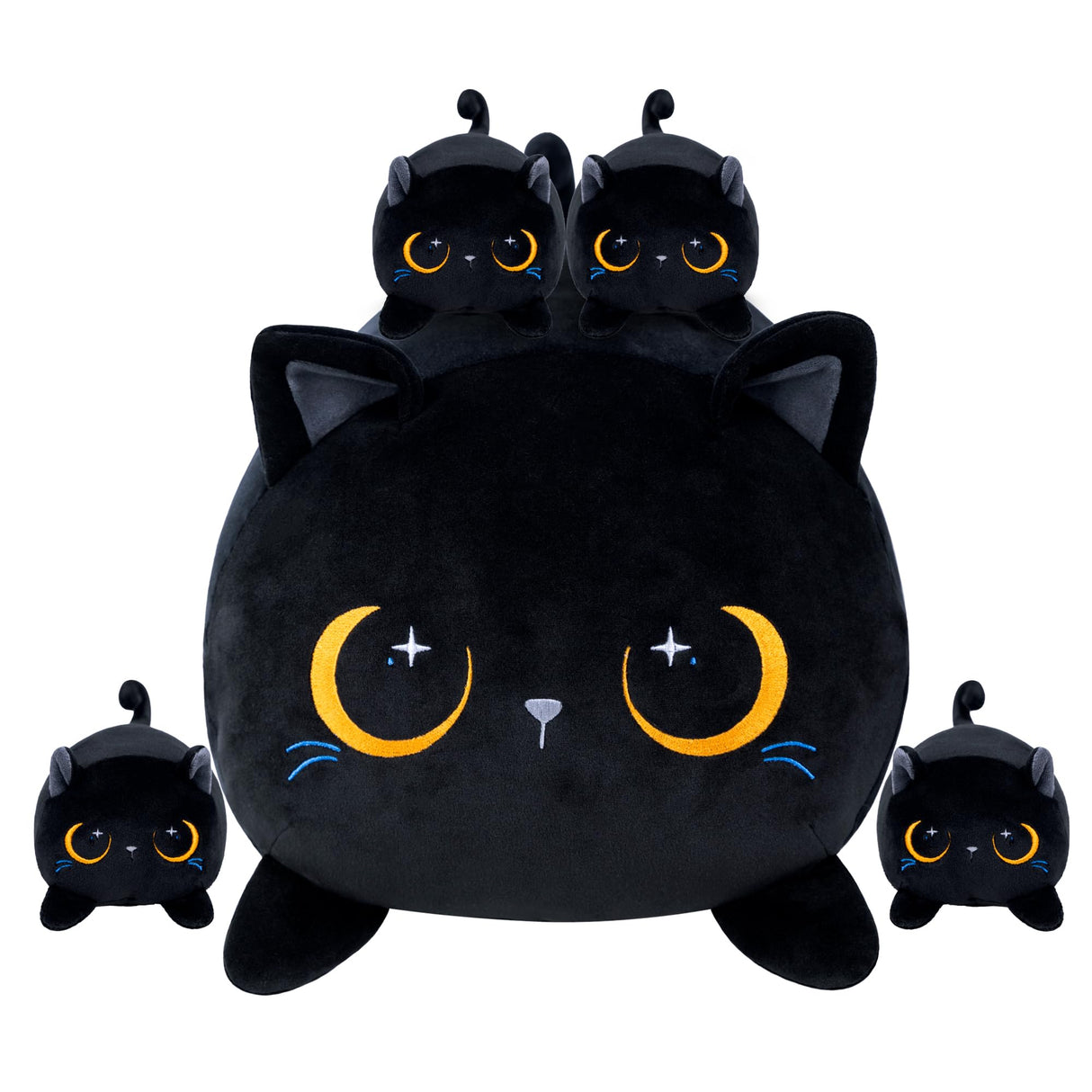 YIIQUWEN Black Cat Plush Cute Cat Stuffed Animal with 4 Baby Soft Pillow Christmas, Thanksgiving, Birthday Gift for Girls Boys Kids Decor