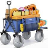 Strolking 51" Beach Wagon with 10" Inflatable PU Balloon Wheels, 440LBS Heavy Duty Beach Cart with Rear Tailgate, Air-Adjustable Foldable Wagon for Sand, Blue (Pump Included)
