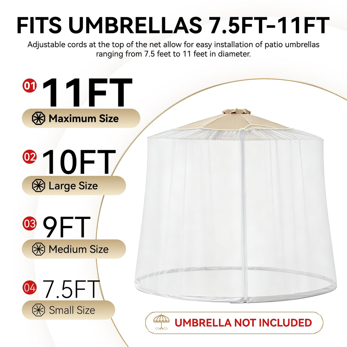 CEAWTUMY 9-11 FT Outdoor Mosquito Netting for Patio, Windproof Universal Umbrella Mosquito Net for Patio Garden Backyards, Polyester Mesh Outdoor Umbrella Screen with Zipper (White)