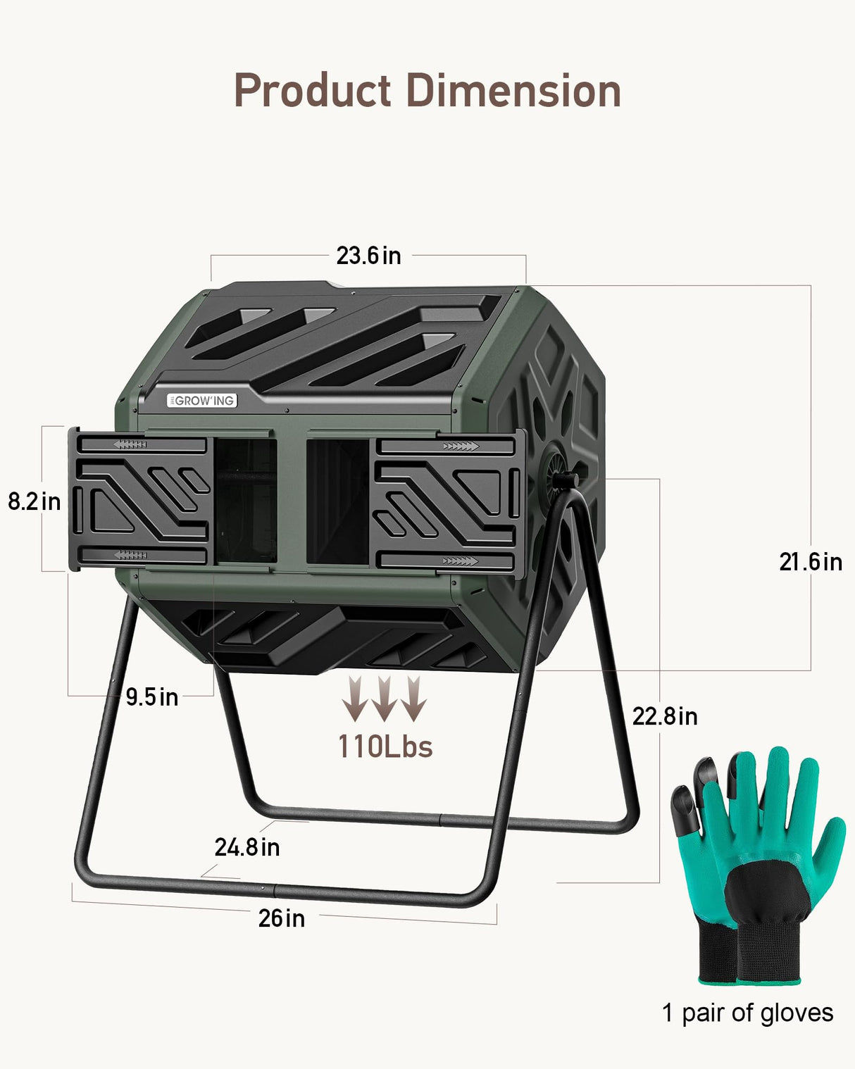 THE Growing 43 Gal Outdoor Compost Bin Tumbler for Backyard Garden, Green
