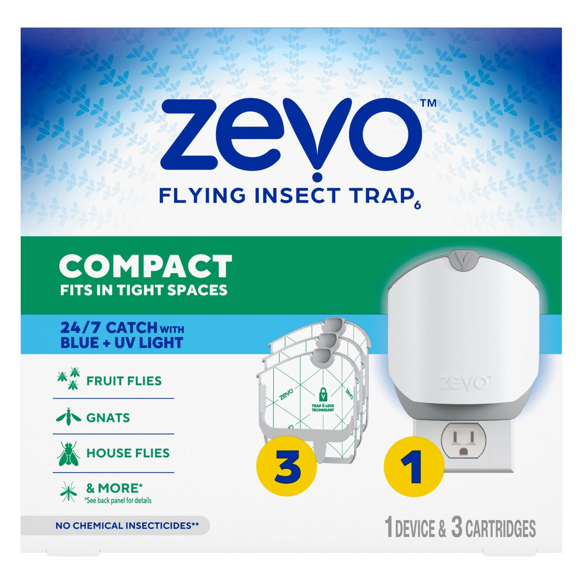 Zevo Compact Flying Insect Trap for Gnats & Fruit Flies, 1 Base & 3 Refills