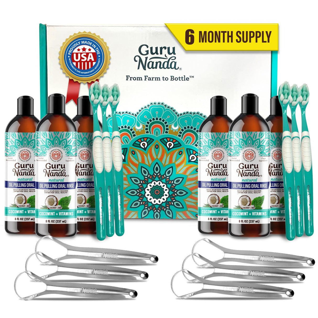 GuruNanda CocoMint Oil Pulling Mouthwash for Complete Oral Hygiene, 7 Essential Oils & Vitamins for Happy Teeth & Gums & Fresh Breath, Alcohol-Free, 6X8 oz