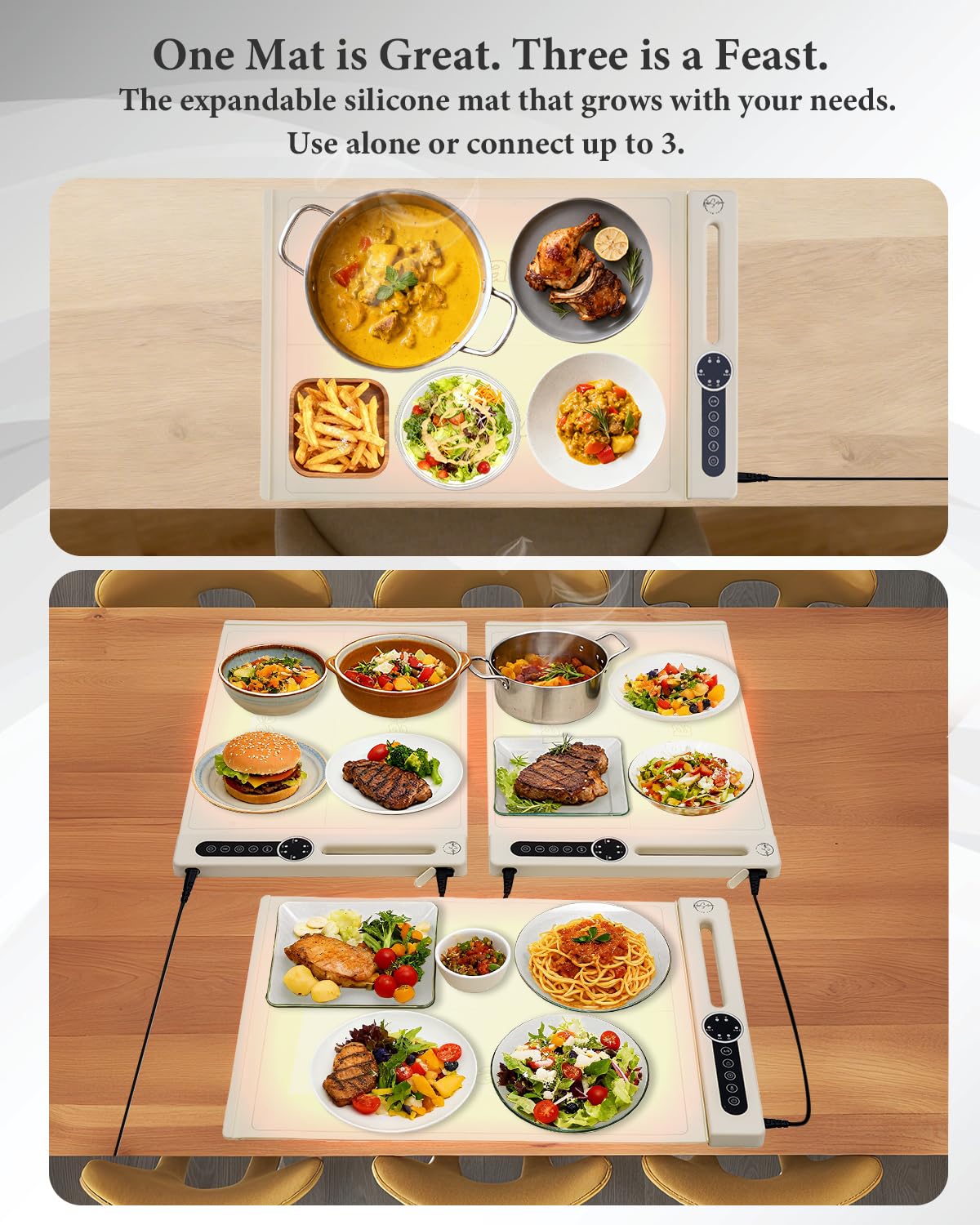 KokoSelene Food Warming Mat, Dual-Zone Heating Mat for Food with 7 Temp & Timer, 10s Fast Heat Flexible Silicone Warmer for Home, Parties, Buffet Serving (Cream-1 PCS)