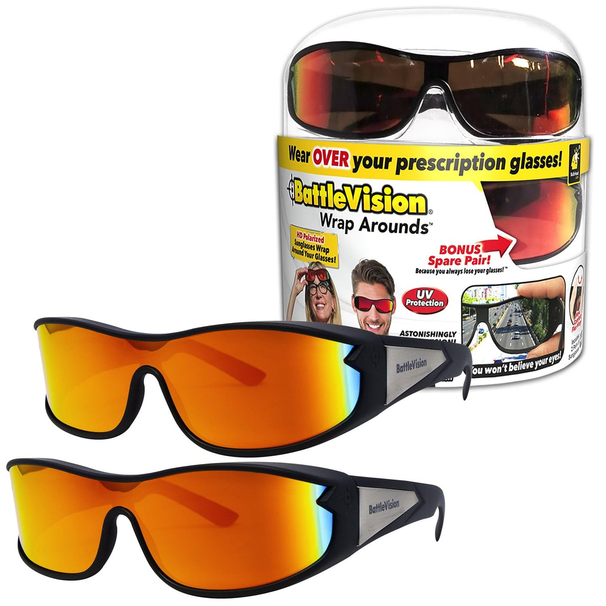 Battlevision Wrap Arounds HD Polarized Sunglasses, AS-SEEN-ON-TV, Fits Over Your Prescription Eyeglasses and Reading, See Clearer, Anti-Glare, Protects Your Eyes by Blocking Blue & UV Rays, Unisex
