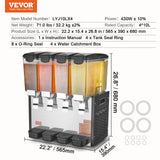 VEVOR Commercial Beverage Dispenser, 4 Tanks 10 L / 10.6 QT Per Tank Juice Dispenser, 430W Stainless Steel Ice Tea Drink Machine with 45°F-54°F Cooling Temperature, for Cold Drink Restaurant Bar Party