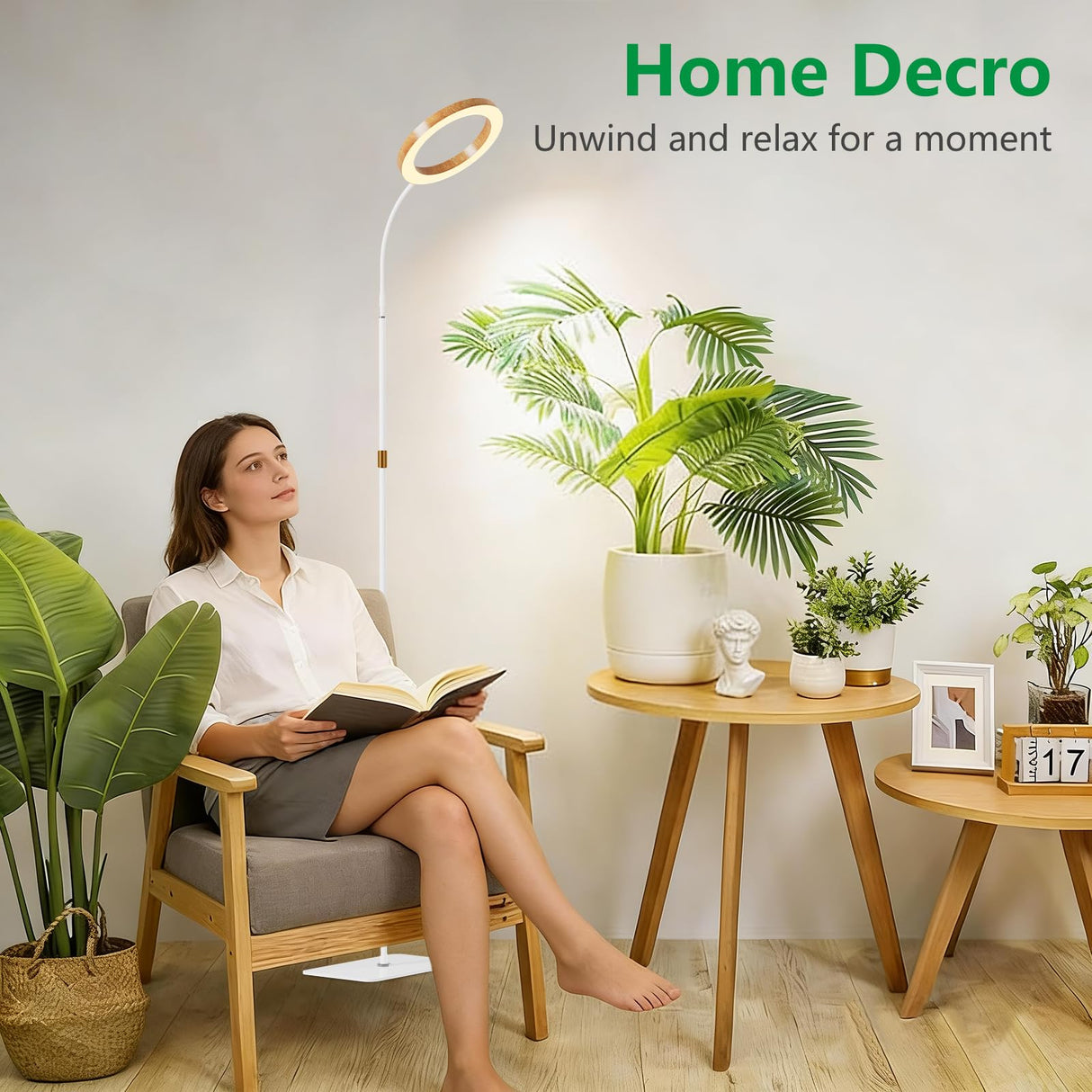 LPMZMBL One Head Grow Light for Indoor Plants Full Spectrum - Floor Standing Plant Lamp with Auto Timer 6/12/18H, 5-Level Dimmable & Adjustable Height 16.5-68in for Large Tall Plants |Faux Wood Design