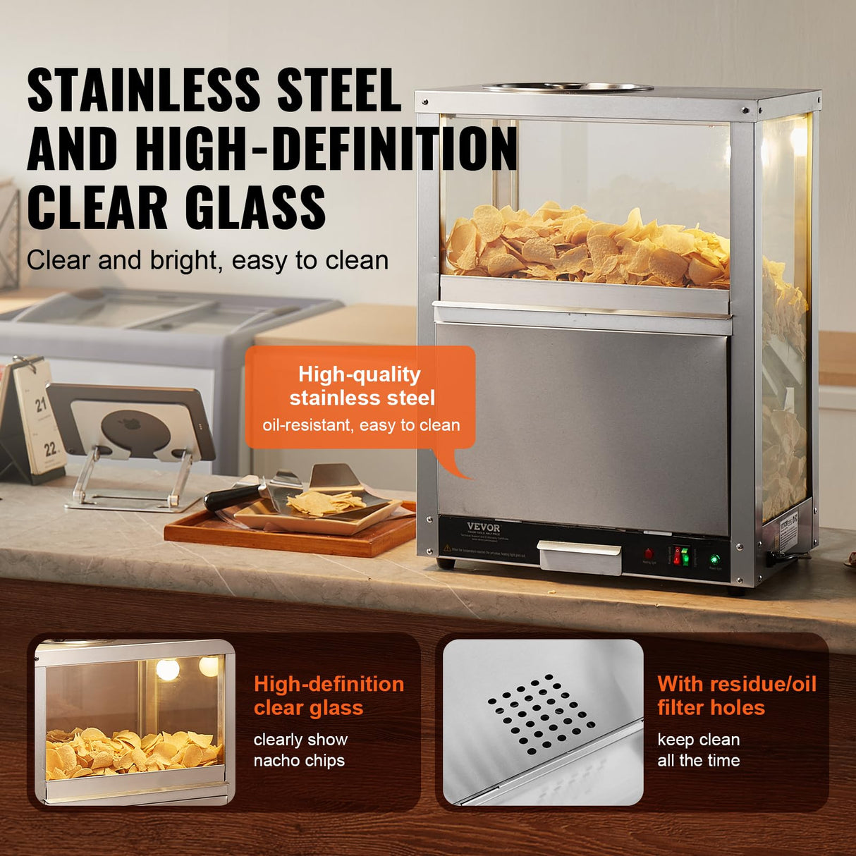 VEVOR Nacho Chip Warmer, 84.5QT Stainless Steel Machine with Warming Light, Deflection Board, for Popcorn, Potato Chips, Peanuts