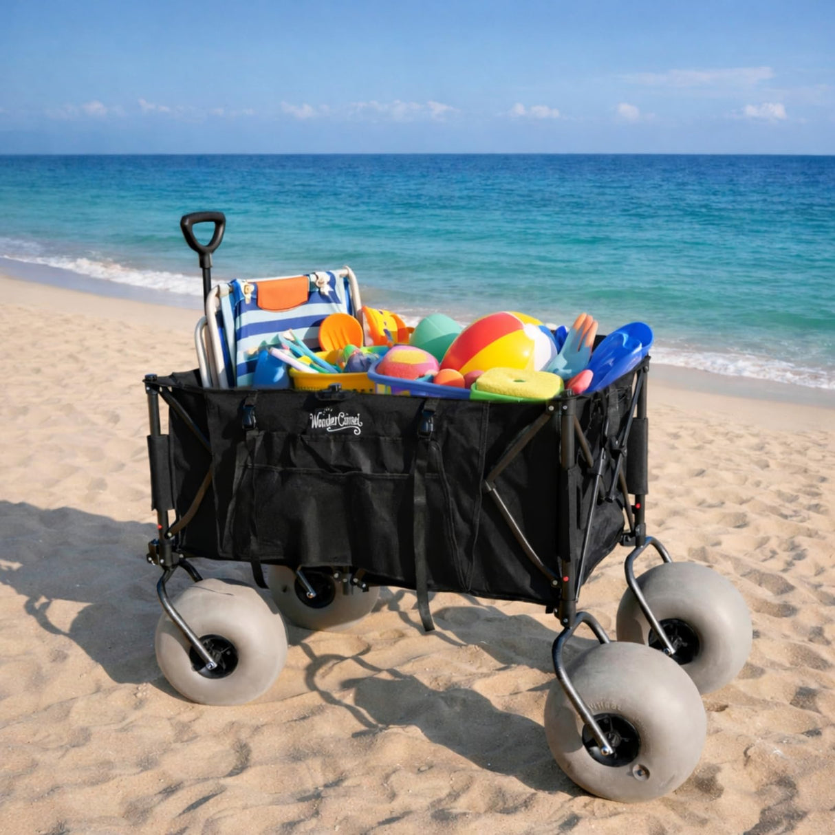 WONDERCAMEL Beach Wagon with 13'' Balloon Wheel, 260L Large Capacity, Compact Folding Design, Collapsible Cart with Big Wheels for Sand, Pump Included