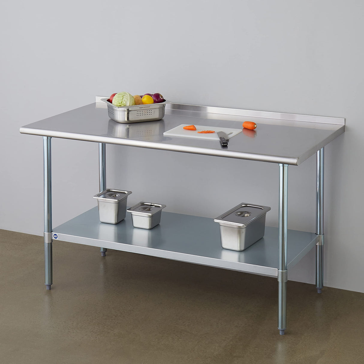 ROCKPOINT Stainless Steel Table for Prep & Work with Backsplash 30x60 Inches, NSF Metal Commercial Kitchen Heavy Duty Table with Adjustable Under Shelf and Table Foot for Restaurant, Home and Hotel