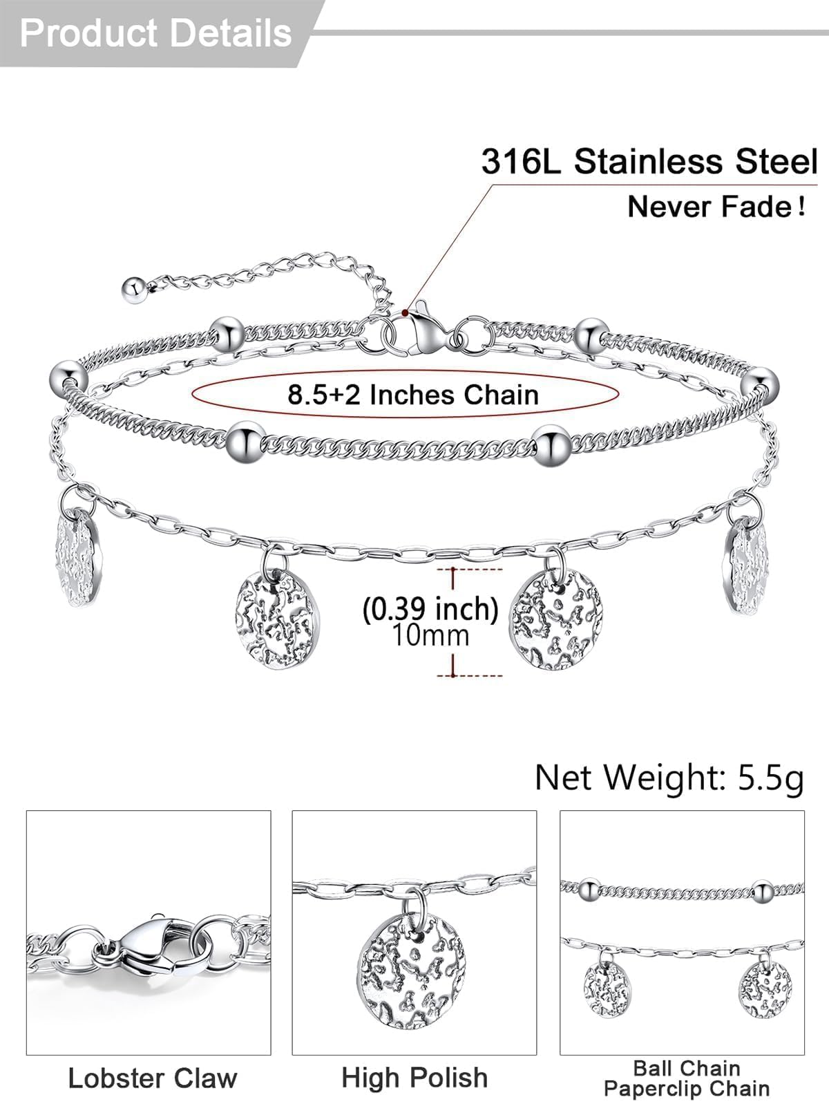 U7 Silver Anklets for Women Lightweight, Stainless Steel Ankle Bracelets Silver Layered Chain Anklet for Women Waterproof