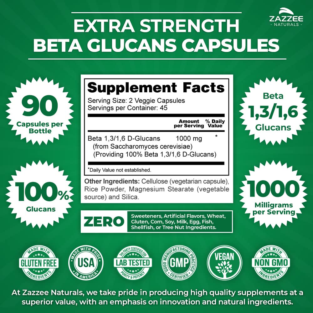 Zazzee Extra Strength 1,3/1,6 Beta Glucans, 1000 mg, 100% Concentrated, 90 Vegan Capsules, Supports a Healthy Immune System, 100% Vegetarian, All-Natural and Non-GMO