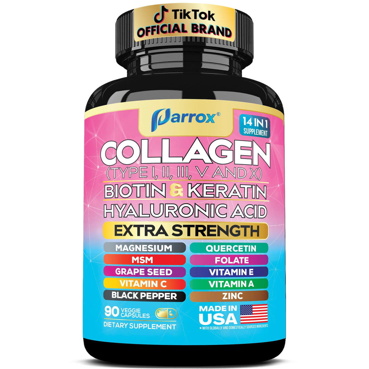 Parrox Collagen Peptides Types I, II, III, V & X, MCG Biotin, Keratin, Hyaluronic Acid, MSM, Zinc, Grape Seed Extract, Quercetin, Vitamin A, Vitamin C, Vitamin E, Magnesium, Folic Acid (90 Capsules)